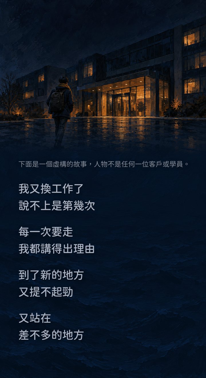 下面是一個虛構的故事，人物不是任何一位客戶或學員。　我又換工作了　說不上是第幾次　每一次要走　我都講得出理由　到了新的地方　又提不起勁　又站在　差不多的地方