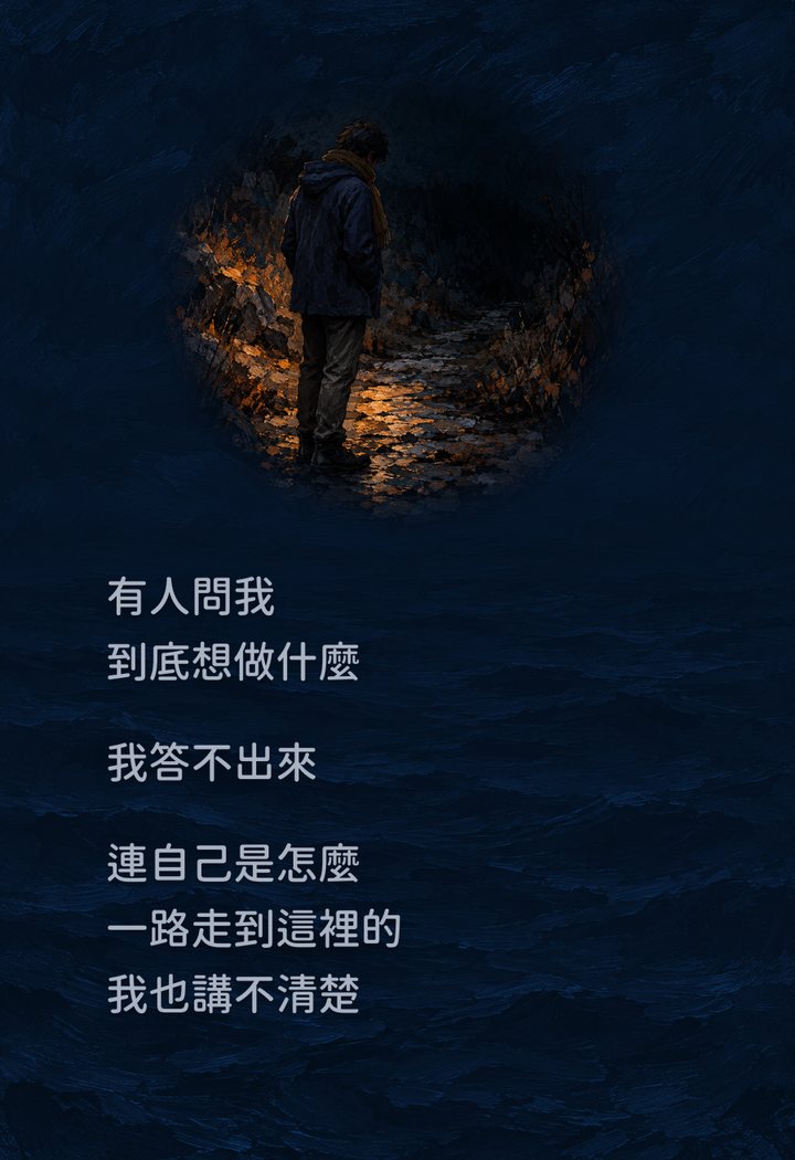 有人問我　到底想做什麼　我答不出來　連自己是怎麼　一路走到這裡的　我也講不清楚
