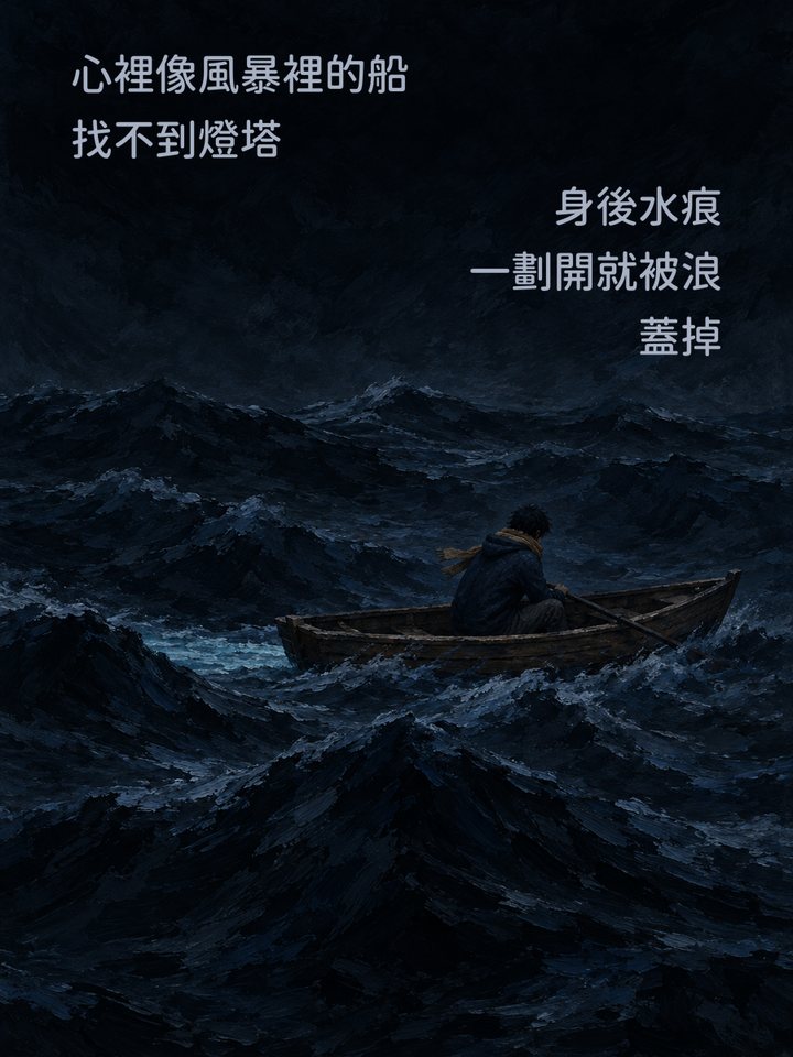 心裡像風暴裡的船　找不到燈塔　身後水痕　一劃開就被浪　蓋掉