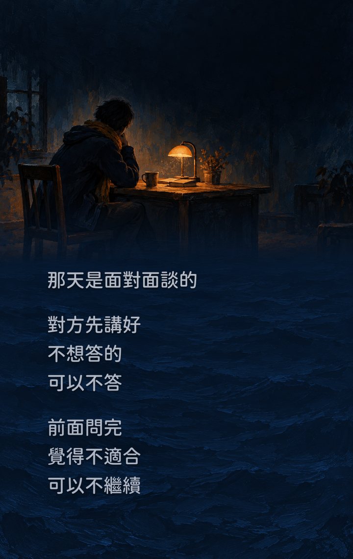 那天是面對面談的　對方先講好　不想答的　可以不答　前面問完　覺得不適合　可以不繼續