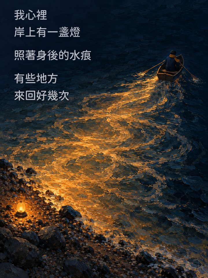 我心裡　岸上有一盞燈　照著身後的水痕　有些地方　來回好幾次