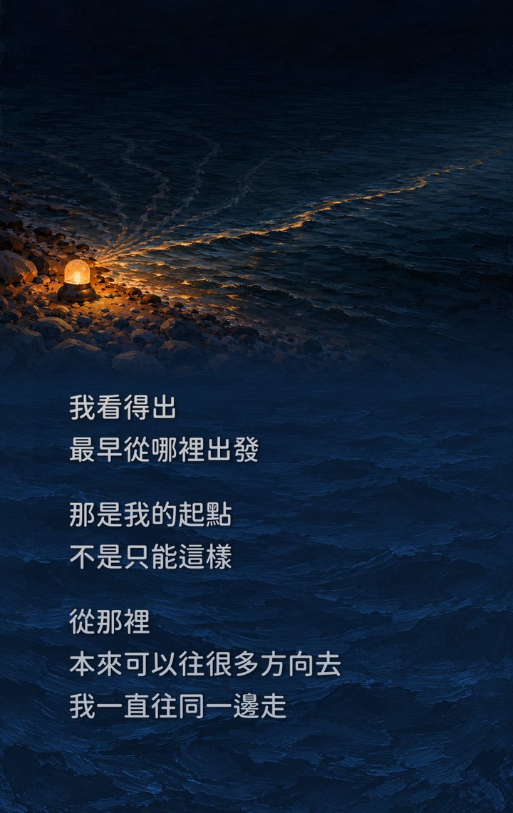 我看得出　最早從哪裡出發　那是我的起點　不是只能這樣　從那裡　本來可以往很多方向去　我一直往同一邊走